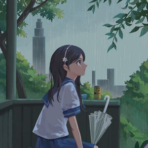 Preview wallpaper girl, schoolgirl, rain, umbrella, anime