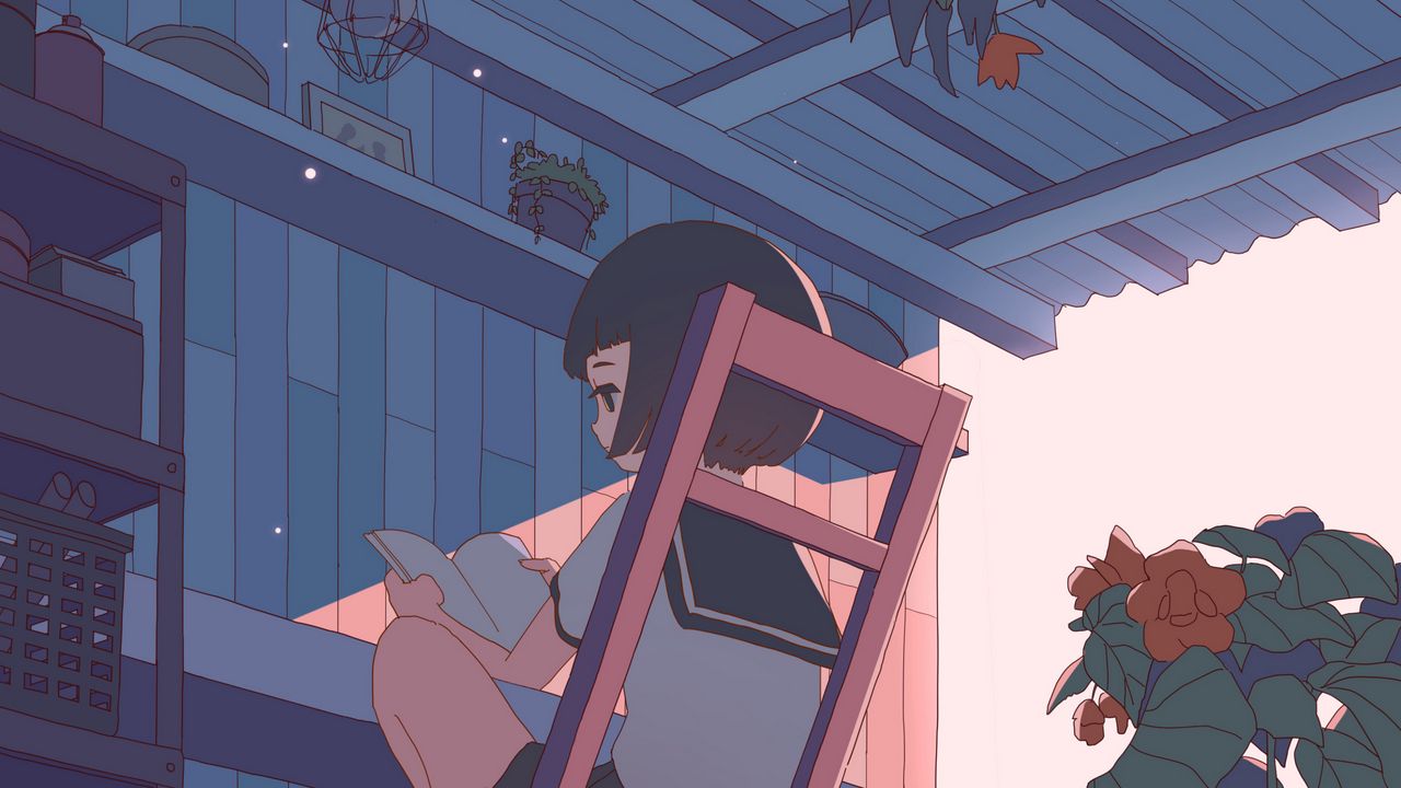 Wallpaper girl, schoolgirl, reading, anime, art