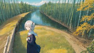 Preview wallpaper girl, schoolgirl, river, anime