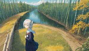 Preview wallpaper girl, schoolgirl, river, anime