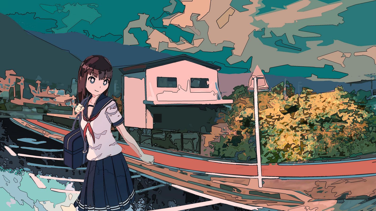 Download wallpaper 1600x900 girl, schoolgirl, road, reflection, anime ...
