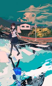 Preview wallpaper girl, schoolgirl, road, reflection, anime, art