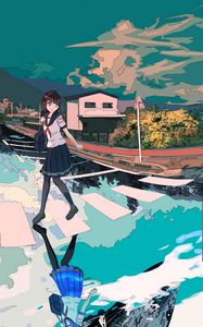 Preview wallpaper girl, schoolgirl, road, reflection, anime, art