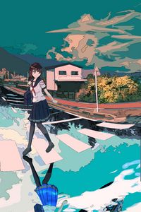 Preview wallpaper girl, schoolgirl, road, reflection, anime, art