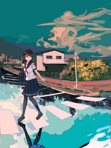 Preview wallpaper girl, schoolgirl, road, reflection, anime, art