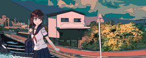 Preview wallpaper girl, schoolgirl, road, reflection, anime, art