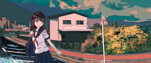 Preview wallpaper girl, schoolgirl, road, reflection, anime, art
