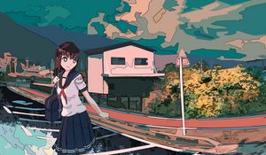 Preview wallpaper girl, schoolgirl, road, reflection, anime, art