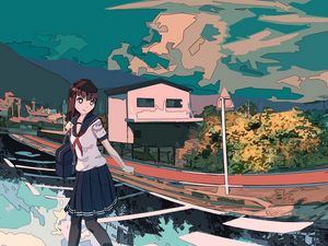 Preview wallpaper girl, schoolgirl, road, reflection, anime, art