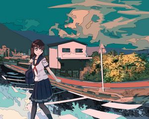 Preview wallpaper girl, schoolgirl, road, reflection, anime, art