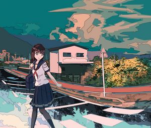 Preview wallpaper girl, schoolgirl, road, reflection, anime, art