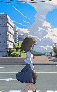 Preview wallpaper girl, schoolgirl, road, anime, art, cartoon