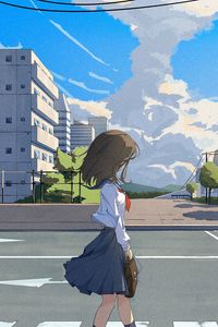 Preview wallpaper girl, schoolgirl, road, anime, art, cartoon