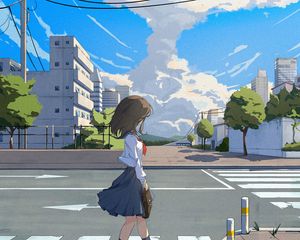 Preview wallpaper girl, schoolgirl, road, anime, art, cartoon