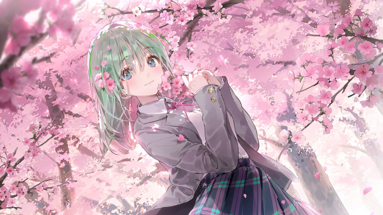 Wallpaper girl, schoolgirl, sakura, flowers, anime, art