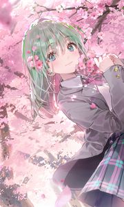 Preview wallpaper girl, schoolgirl, sakura, flowers, anime, art