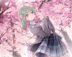 Preview wallpaper girl, schoolgirl, sakura, flowers, anime, art