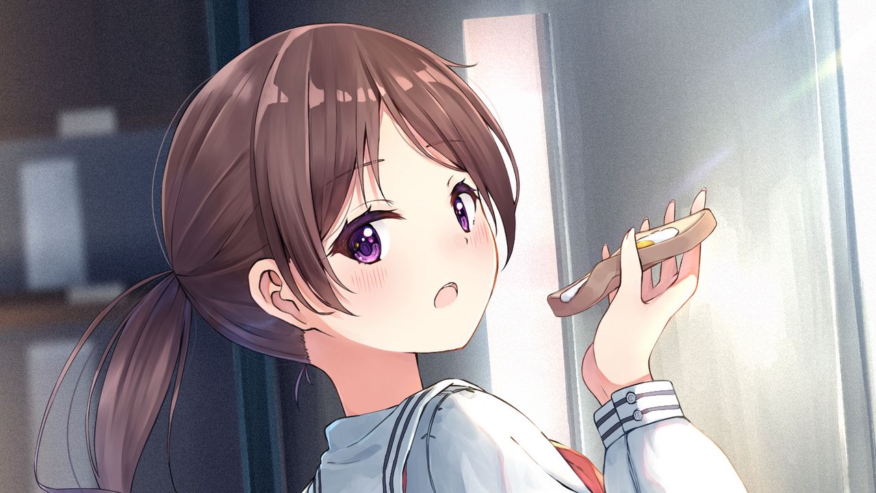 Wallpaper girl, schoolgirl, sandwich, breakfast, anime
