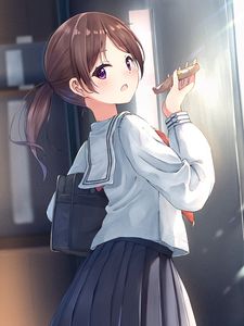 Preview wallpaper girl, schoolgirl, sandwich, breakfast, anime