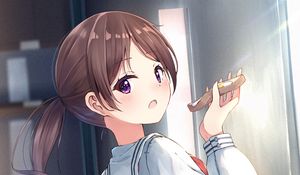 Preview wallpaper girl, schoolgirl, sandwich, breakfast, anime