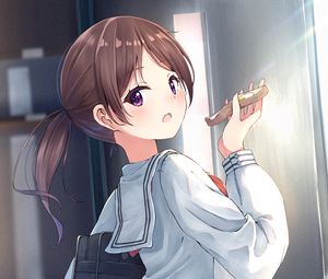 Preview wallpaper girl, schoolgirl, sandwich, breakfast, anime