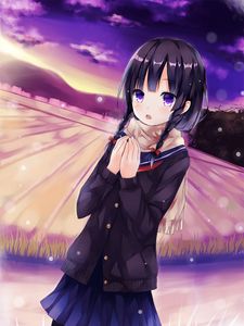 Preview wallpaper girl, schoolgirl, scarf, winter, anime