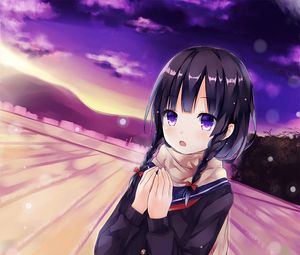 Preview wallpaper girl, schoolgirl, scarf, winter, anime