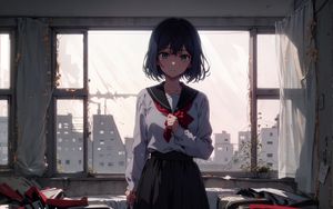Preview wallpaper girl, schoolgirl, school, anime, window
