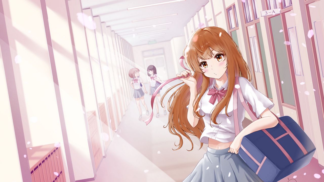Wallpaper girl, schoolgirl, school, petals, anime, art, pink