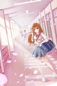 Preview wallpaper girl, schoolgirl, school, petals, anime, art, pink