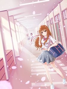 Preview wallpaper girl, schoolgirl, school, petals, anime, art, pink