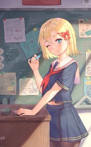 Preview wallpaper girl, schoolgirl, school, smile, anime, art