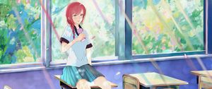 Preview wallpaper girl, schoolgirl, school, desks, anime