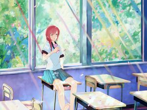 Preview wallpaper girl, schoolgirl, school, desks, anime