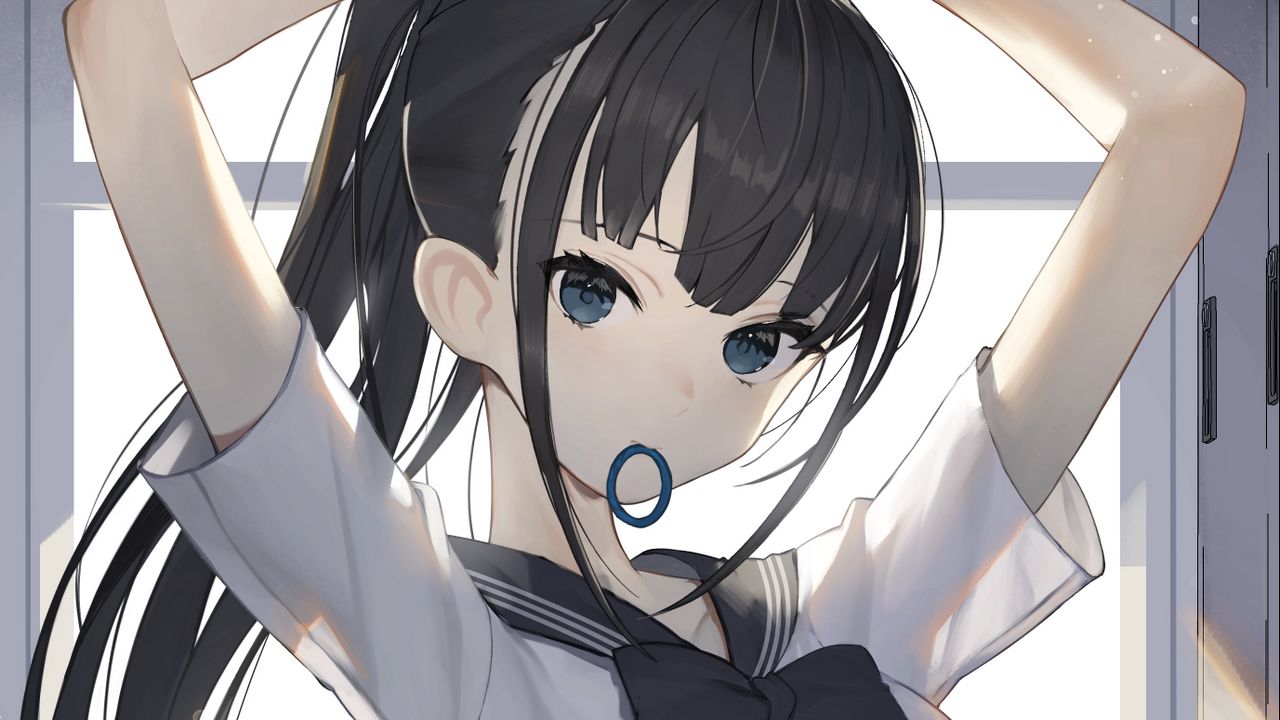 Anime girl with black hair brown eyes glasses and ponytail  Playground AI