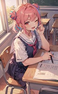 Preview wallpaper girl, schoolgirl, smile, desk, anime, art