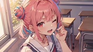 Preview wallpaper girl, schoolgirl, smile, desk, anime, art