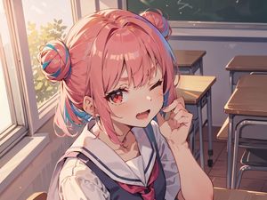 Preview wallpaper girl, schoolgirl, smile, desk, anime, art
