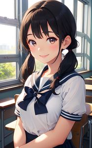 Preview wallpaper girl, schoolgirl, smile, window, anime, art