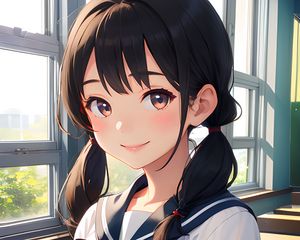 Preview wallpaper girl, schoolgirl, smile, window, anime, art