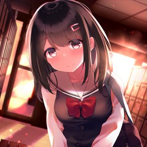 Preview wallpaper girl, schoolgirl, smile, twilight, anime, art