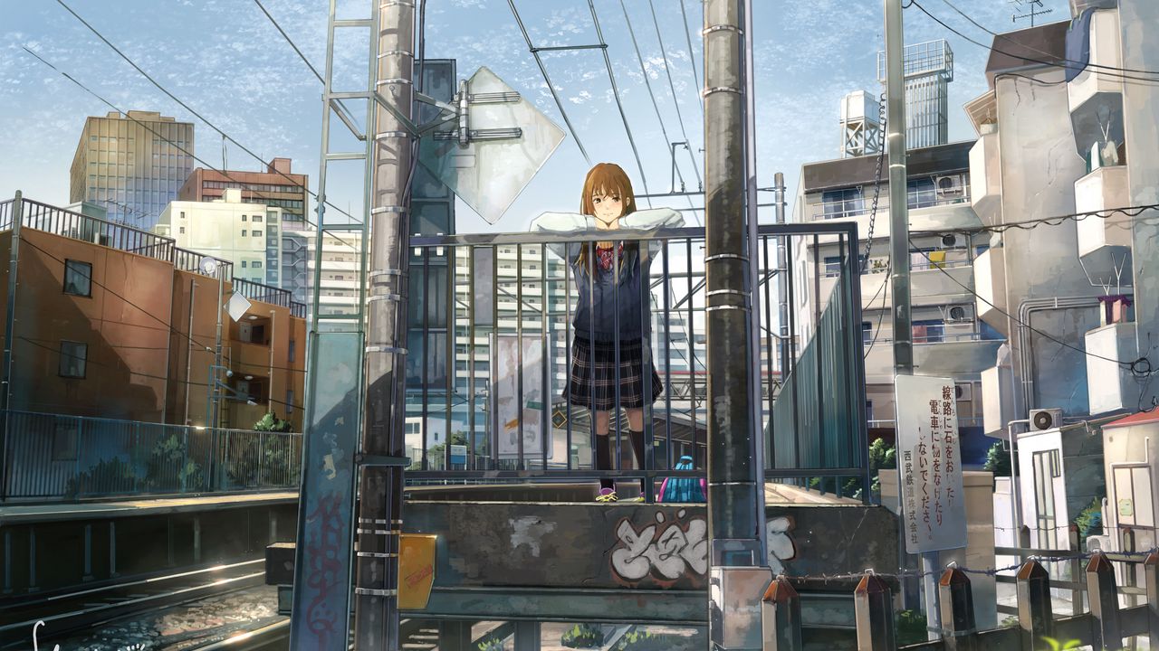 Wallpaper girl, schoolgirl, smile, platform, anime, art