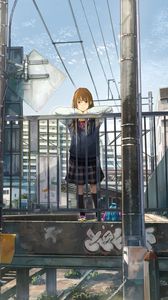 Preview wallpaper girl, schoolgirl, smile, platform, anime, art