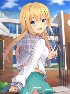 Preview wallpaper girl, schoolgirl, smile, gesture, anime