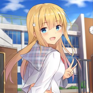 Preview wallpaper girl, schoolgirl, smile, gesture, anime