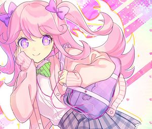 Preview wallpaper girl, schoolgirl, smile, anime, art, pink