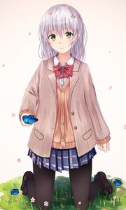 Preview wallpaper girl, schoolgirl, smile, butterfly, anime, art
