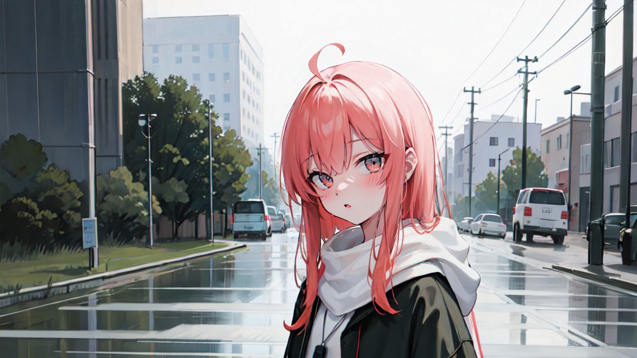 Wallpaper girl, schoolgirl, street, cars, anime