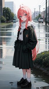 Preview wallpaper girl, schoolgirl, street, cars, anime