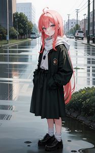 Preview wallpaper girl, schoolgirl, street, cars, anime